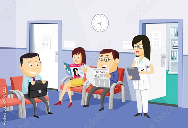 Obraz The best medical health care. Modern interior of a private medical practice Health Center. Vaccination. Waiting room at the doctor with the patient and nurse. Simple cartoon vector illustration.