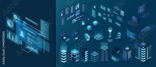 Fototapeta Set of isometric computer technology. Isometric set server equipment. Technology isometric icons. Digital technology items. Vector illustration