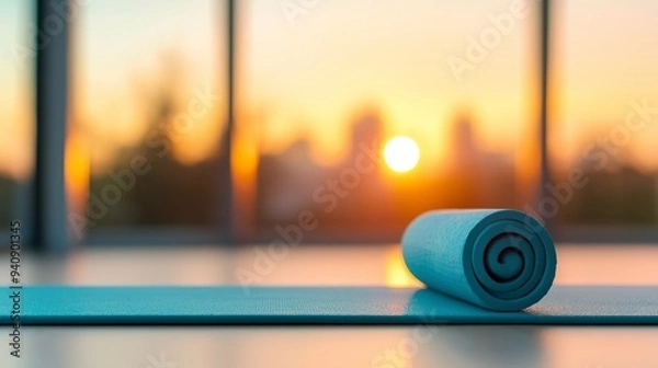 Fototapeta Rolled yoga mat in a serene studio during sunrise, perfect for wellness, fitness, and mindfulness concepts, highlighting the peaceful start to a day of meditation and exercise
