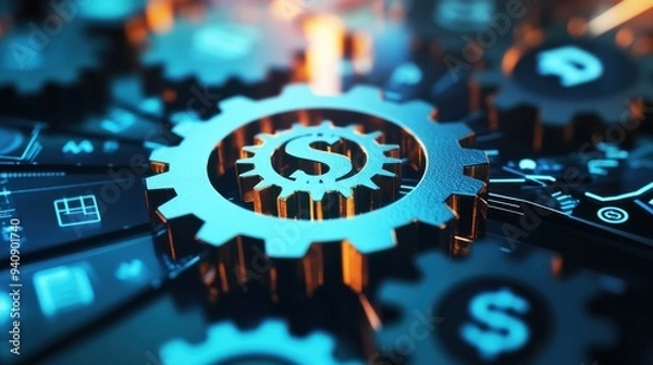 Obraz Close-up of gears with currency symbols representing financial technology and economic strategy. Concept of fintech and global economy.