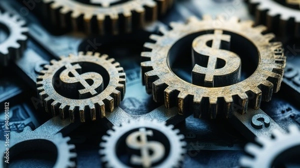 Fototapeta Close-up of interlocking gears with dollar symbols, representing financial mechanisms and the economy.