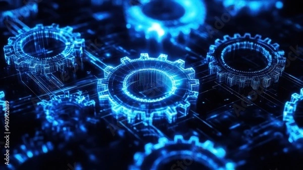 Fototapeta Futuristic glowing blue gears and cogs interconnected digitally, symbolizing technology, innovation, machinery, and digital advancement.