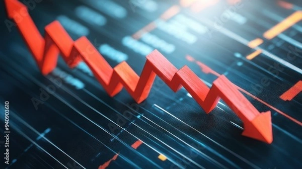 Obraz Red arrow graph indicating a decline in financial markets, overlaid on a screen with stock and financial data.