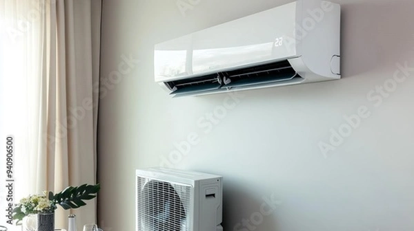Fototapeta Air conditioner cooling a sunlit dining area, home comfort, refreshing space