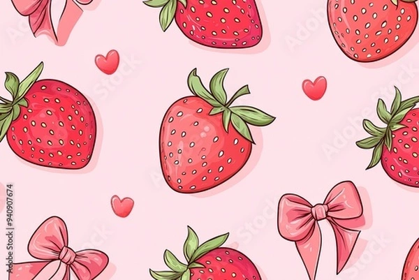 Fototapeta Seamless Strawberry pattern with bow in cartoon style. Cute trendy design. Vector funky illustration. Ballet-core, coquette-core background.