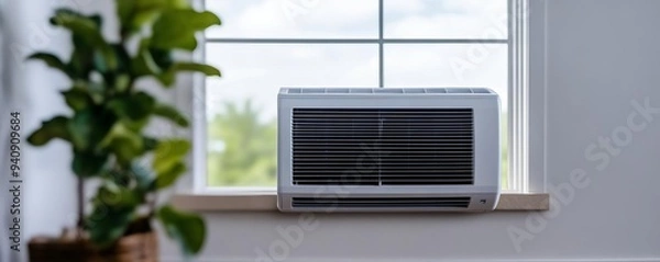 Fototapeta Air conditioner venting cool air into a sunny room, temperature control, refreshing comfort