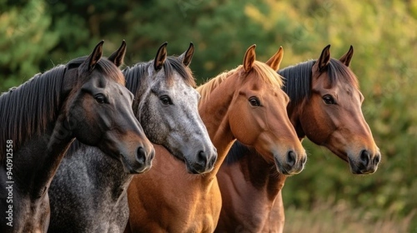 Fototapeta A group of horses standing together, their coats gleaming under the sun as they line up in unison.