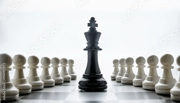 Fototapeta Generative AI Chess Art: Black King Ahead of White Pawns