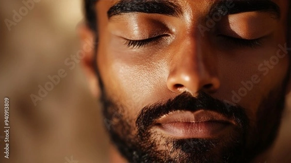 Fototapeta Close-up of an Indian yogi in deep meditation, with focus on the serene expression and tranquil surroundings