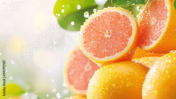 Fototapeta Freshly cut grapefruits with droplets of water on a blurred green background, showcasing vibrant colors and textures
