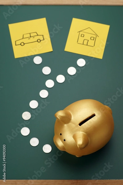 Obraz House and car savings - golden piggy bank, coins and house and c