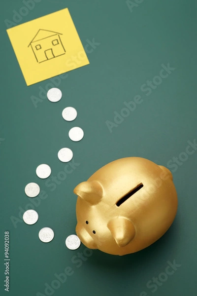 Obraz House savings - golden piggy bank, coins and a house sketch