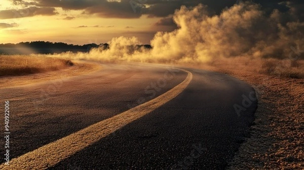 Fototapeta A winding road under a dramatic sunset sky with clouds of dust creating a mysterious and adventurous atmosphere.