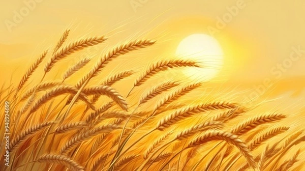 Fototapeta A realistic depiction of golden wheat swaying in the wind, with the backdrop of a setting sun.