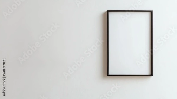 Fototapeta A single minimalist photo frame hanging on a blank white wall, highlighting clean lines and simplicity.