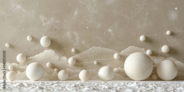 Fototapeta A serene microcosm scene featuring various white and ivory spheres against a textured beige background, creating an ethereal atmosphere