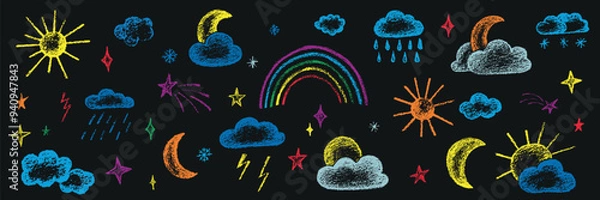 Fototapeta Chalk kid cloud weather symbols set. Vector stock illustration isolated on black chalkboard background for design template travel blog, meteorology forecast. Kit textural crayon hand drawing symbols.