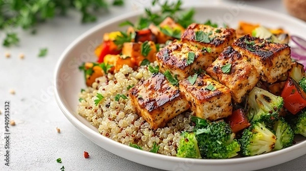 Fototapeta Low-calorie vegan meal with steamed vegetables quinoa and grilled tofu on a white plate top view high detail clean presentation realistic stock photo