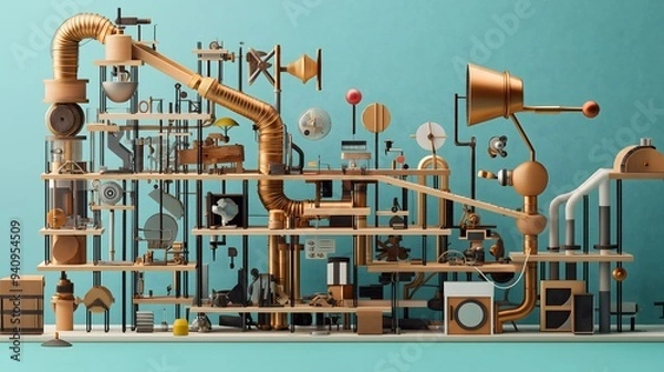Fototapeta Complex Wooden Machine with Pipes and Gears