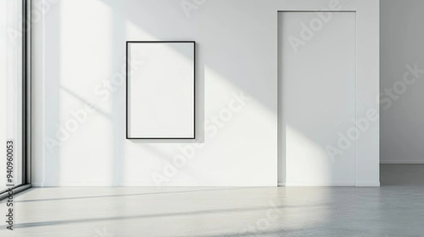 Fototapeta Elegant, empty photo frame on a stark white wall, creating a minimalist and modern visual focus.