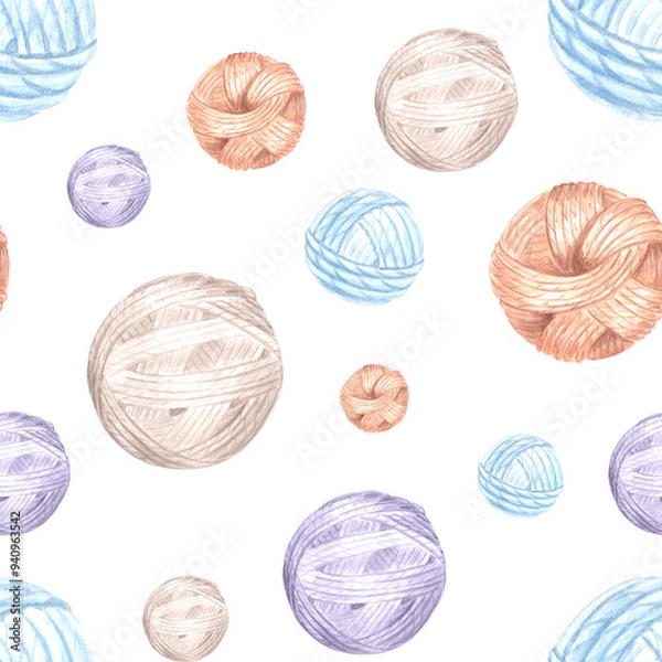 Fototapeta Yarn balls Tangles of wool or cotton. Seamless pattern for cozy hobby knitting. Hand drawn watercolor illustration. Backdrop of needlecraft. Template for blog, needlework store, textile, wrapping, app