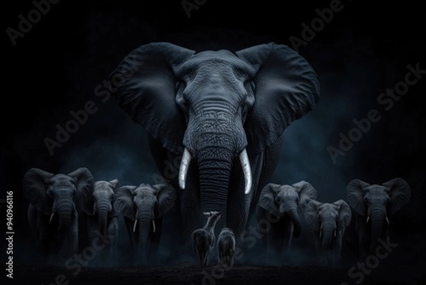 Obraz A powerful image of a large, dominant adult elephant at the forefront, surrounded protectively by a herd, illustrating strength, unity, and guardianship in the animal kingdom.