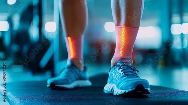 Fototapeta Patient performing calf stretches with a therapist s guidance, Ache, Rehabilitation for lower leg ache