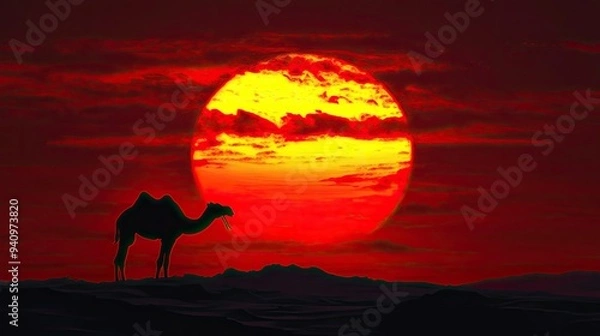 Fototapeta Silhouette of a camel against a vibrant, round sunset in the desert, creating a dramatic and timeless scene.