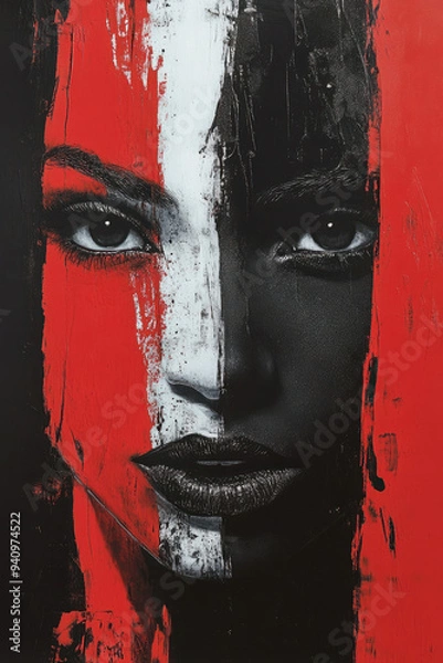 Fototapeta Art Portrait,  A striking black and white painted face emerges from a bold red and black backdrop, creating a captivating abstract art portrait