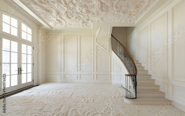 Fototapeta Delicate off-white wainscoting meeting a frothy, cream-like stucco ceiling in a luxurious French-inspired room.