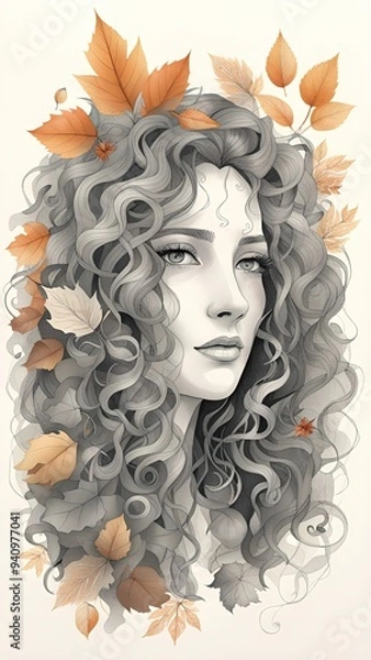 Fototapeta A portrait of a woman designed as an illustration with floral motifs. Whispers of Nature: An Artistic Fusion