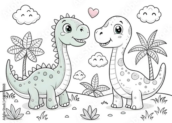 Obraz Hand drawn kawaii coloring book with Dinosaur AI generated