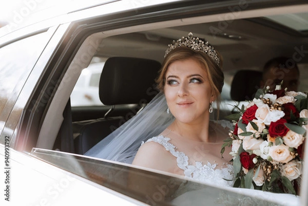 Fototapeta A bride is sitting in a car with a bouquet of flowers in her lap. She is wearing a tiara and a veil