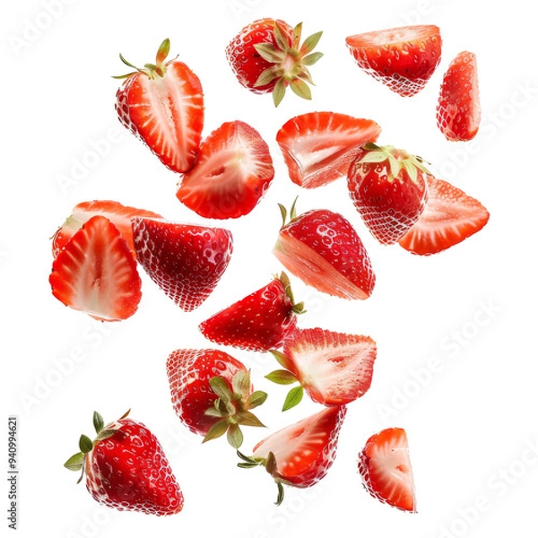 Fototapeta Strawberry slices flying isolate on white or transparent background