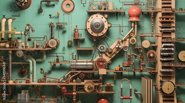 Fototapeta Intricate Mechanical Illustration on Teal Background