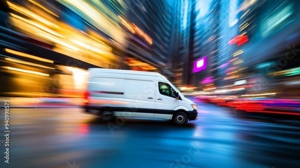Fototapeta Express delivery service van speeding through the city to make timely deliveries.