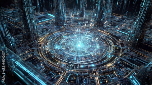 Fototapeta A creative and futuristic science background featuring a massive quantum computer