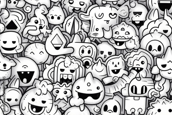 Obraz A seamless pattern of cute and funny doodle characters in black and white.