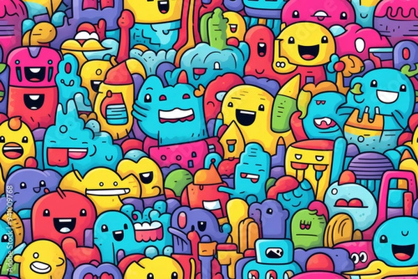 Fototapeta A vibrant and colorful doodle pattern featuring a variety of cute and whimsical characters, each with unique expressions and features.