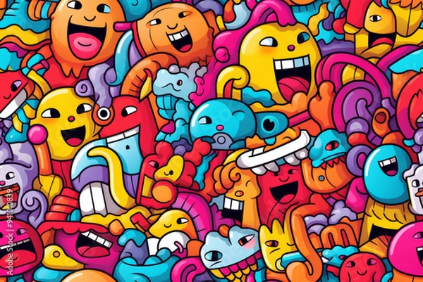 Fototapeta A vibrant and colorful doodle pattern with various funny characters, abstract shapes, and bold lines, creating a chaotic and energetic atmosphere.