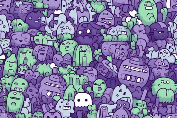 Fototapeta A whimsical pattern featuring a dense collection of hand-drawn purple and green creatures, shapes, and abstract forms.