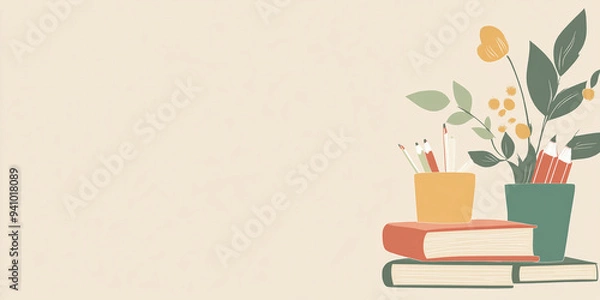 Fototapeta World Teachers Day. Minimalist back to school banner featuring books and colored pencils. Copy space, banner