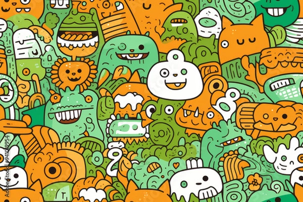 Fototapeta Colorful seamless pattern with cute cartoon monsters, animals, and doodles in green and orange colors.