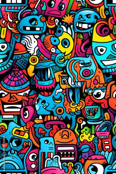 Fototapeta Colorful seamless pattern with funny cartoon creatures, monsters and aliens.
