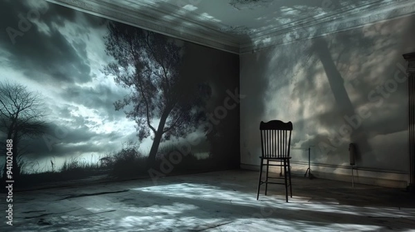 Fototapeta Empty Chair in Derelict Room with Projected Landscape