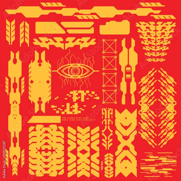 Fototapeta tees; tshirt; streetwear; cyberpunk; cyber; cybervibes; scifi; gaming; game; gamer; vr; ar; technology; techwear; fashion; future; futuristic; pattern; seamless; template; vector; illustration; render