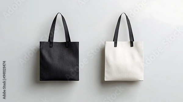 Fototapeta Canvas bag. mockup of fabric tote. Cloth totebag with handle. template of black and white cotton eco bag. Reusable tote for shopping