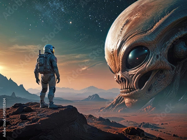 Fototapeta An astronaut stands and looks at a giant alien skull on a mountainous planet in outer space