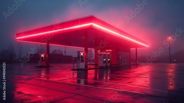 Obraz "Empty gas station with red neon lighting at night, featuring a transportation fuel pump. A nighttime scene for the travel business."