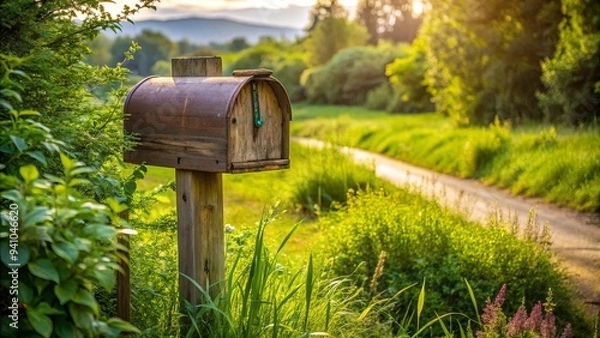 Fototapeta Rustic mailbox on wooden post surrounded by lush green grass and bushes